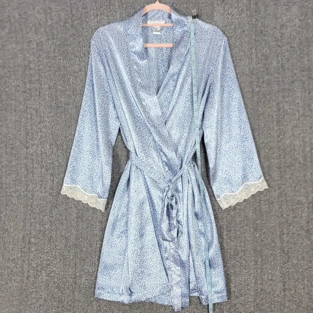 Vintage Morgan Taylor Intimates Robe XS Blue White Floral Satin 3/4 Sleeve Belt